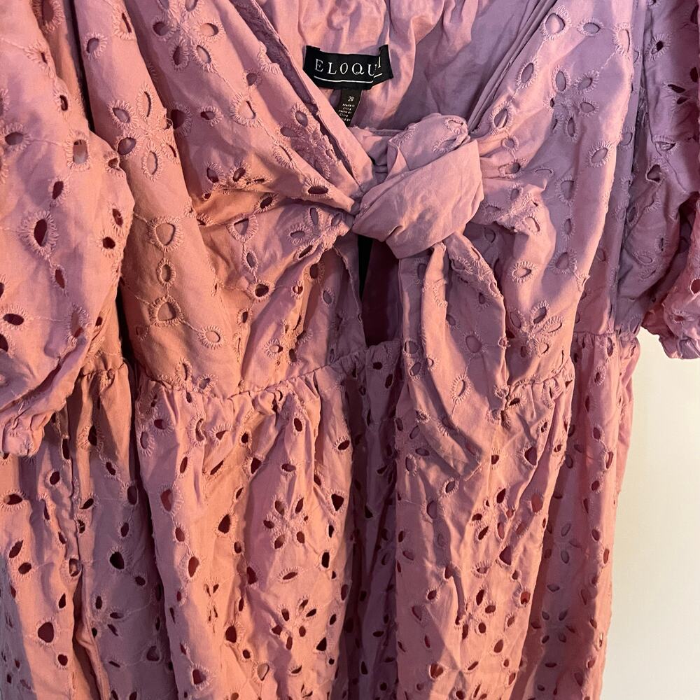 NWT Eloquii Eyelet Detail Tie Front Puff Sleeve Maxi Dress Pink Mauve SZ 28 NEW - Picture 14 of 16